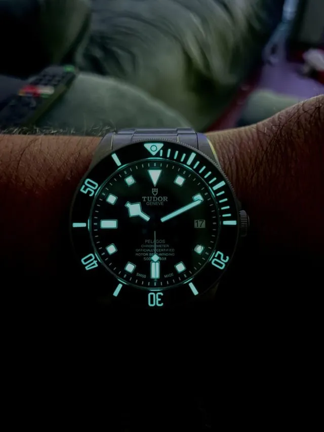 Tudor Pelagos glowing full-strip lume on snowflake hands and indices in dark